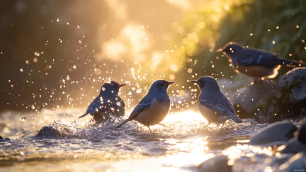 A group of small bluebirds bathing in a shallow mountain stream, droplets sparkling in the sun.