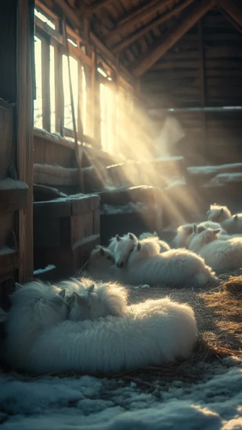 A group of tiny horses resting close, bathed in warm, glowing barn light.