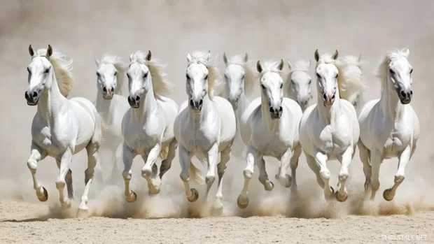 A herd of white horses galloping together across an open field, dust rising as they move in perfect harmony.