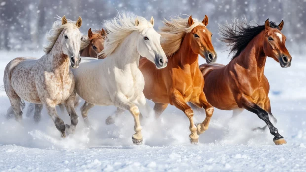 A herd of wild horses galloping in the snow, creating a dynamic winter scene.