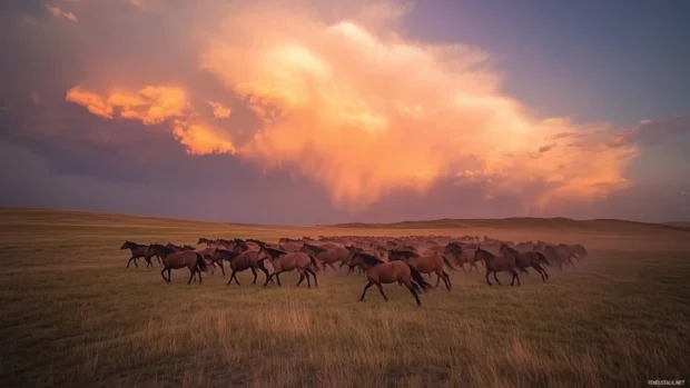 A herd of wild mustangs running across the plains, sunset painting the sky.