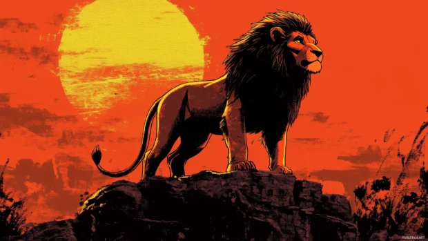 A heroic depiction of adult Simba standing proudly on Pride Rock, with the sun setting behind him.