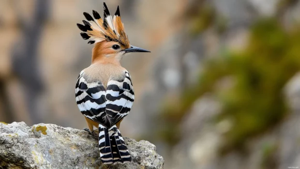 A hoopoe bird perched on an old stone wall, crown feathers fanned open in a perfect display.
