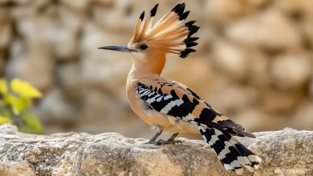 A hoopoe bird perched on an old stone wall, crown feathers fanned open in a perfect display.