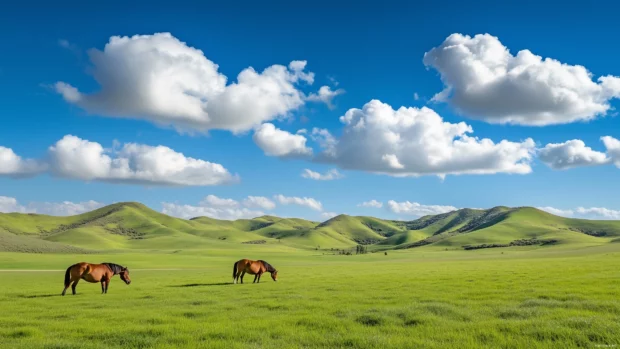 A horse feeding on fresh grass, scenic hills and sky stretching behind.