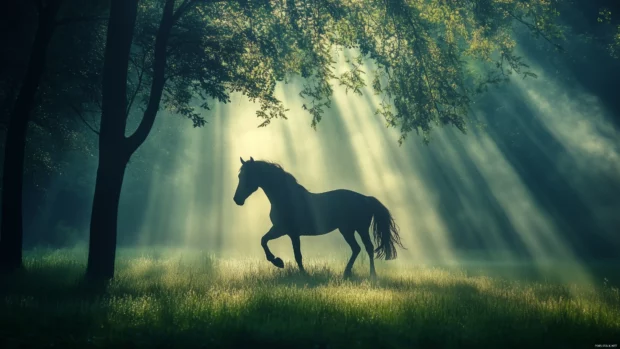 A horse galloping through a misty forest, sunlight filtering through the trees.
