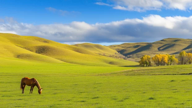 A horse grazing in a green pasture, blue sky and hills behind.