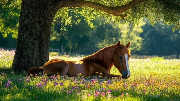A horse lying in the shade, surrounded by blooming wildflowers.