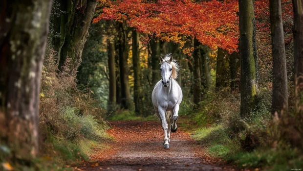 A horse racing through an autumn forest, leaves in vibrant orange and red.