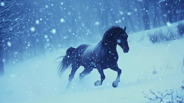 A horse running through a snowy landscape, snowflakes falling around.