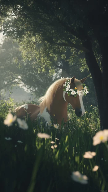 A horse with a flower crown frolicking in a lush green field under soft sunlight.