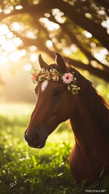 A horse with a flower crown, frolicking in a lush green field under soft sunlight.