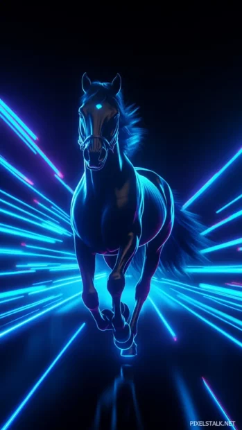 A horse with glowing blue highlights, running through an abstract neon lit background.