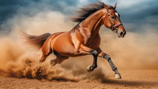 A horse’s strong body in motion, dust flies from hooves, full of energy.