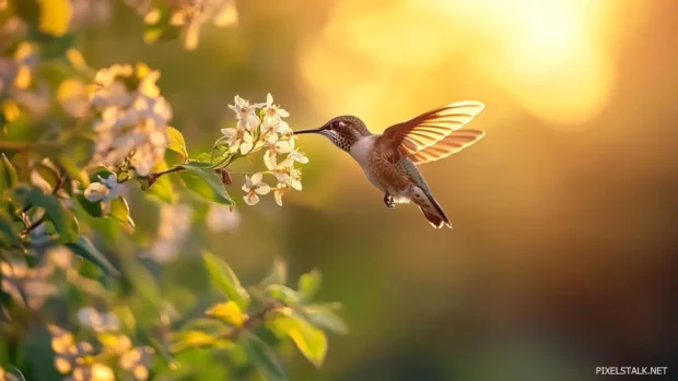A humming bird caught midair sipping nectar from a blooming flower.