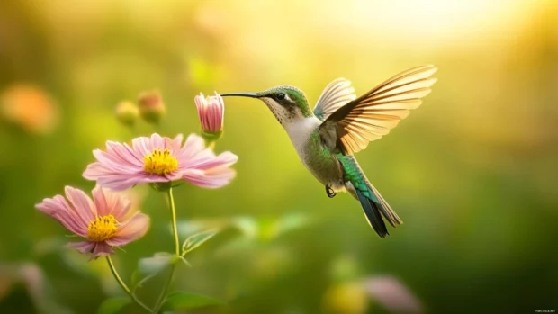 A hummingbird caught mid air sipping nectar from a blooming flower, glowing in the golden hour.