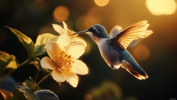 A hummingbird caught mid air sipping nectar from a blooming flower, glowing in the golden hour, perfect for bird wallpaper.