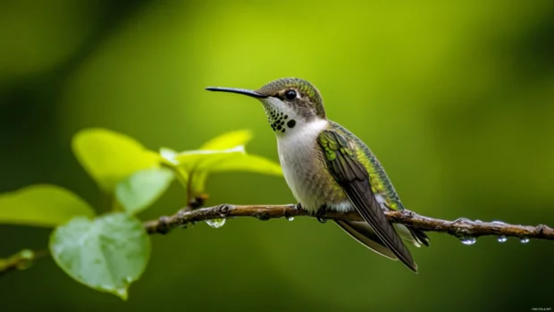A hummingbird resting on a tiny branch in the rain, soft bokeh in the forest behind.