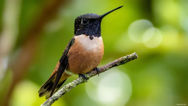 A hummingbird resting on a tiny branch in the rain, soft bokeh in the forest behind.