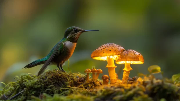 A hummingbird with iridescent feathers captured beside glowing mushrooms in a magical forest, dreamy bird wallpaper.
