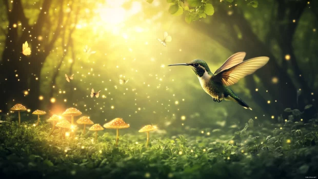 A hummingbird with iridescent feathers captured beside glowing mushrooms in a magical forest, dreamy bird wallpaper.