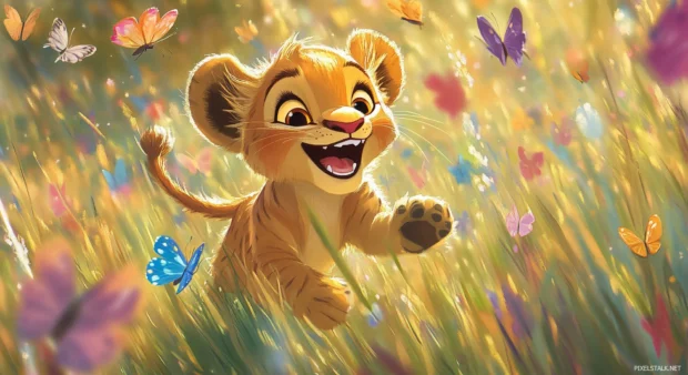 A joyful illustration of Simba playfully chasing butterflies in a colorful meadow.