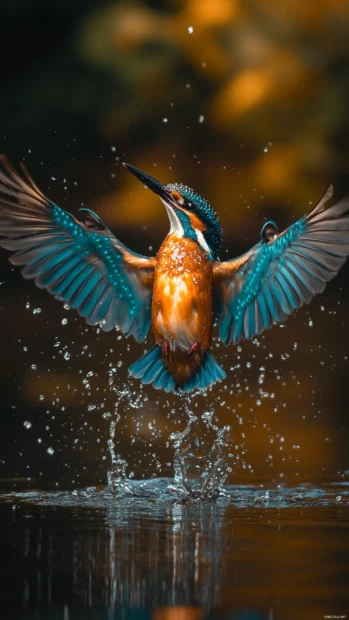 A king fisher caught just before diving, wings spread wide over a calm river.