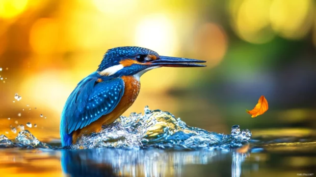 A kingfisher captured mid dive, beak piercing the water surface, vibrant blue and orange feathers glowing.
