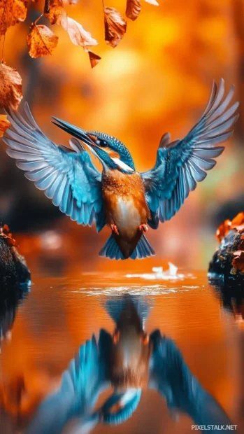 A kingfisher caught just before diving, wings spread wide over a calm river.