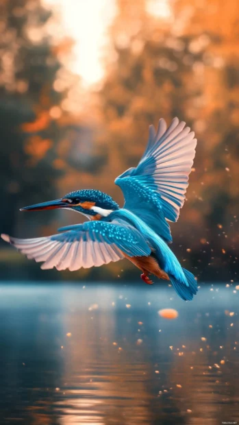 A kingfisher caught just before diving, wings spread wide over a calm river, great choice for a bird iPhone background.