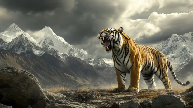 A legendary tiger standing at the gates of an ancient kingdom, roaring fiercely as the winds carry its call across the mountains.