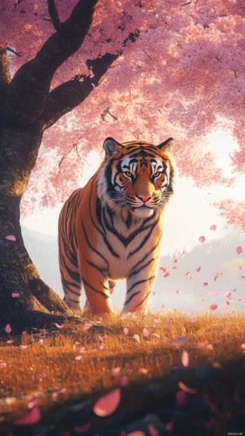 A legendary tiger standing under a giant sakura tree.