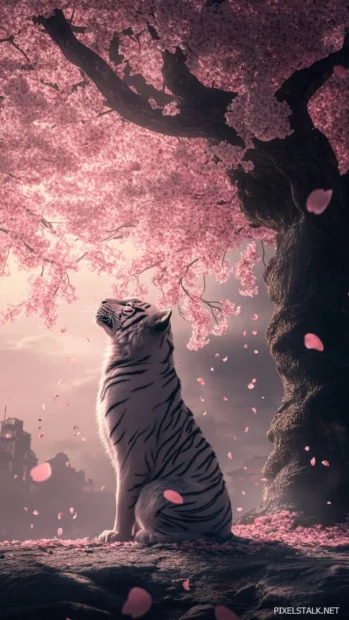 A legendary tiger standing under a giant sakura tree.