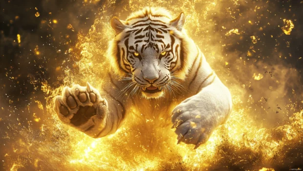 A legendary white tiger surrounded by golden mist, its sharp claws glowing with magical energy.