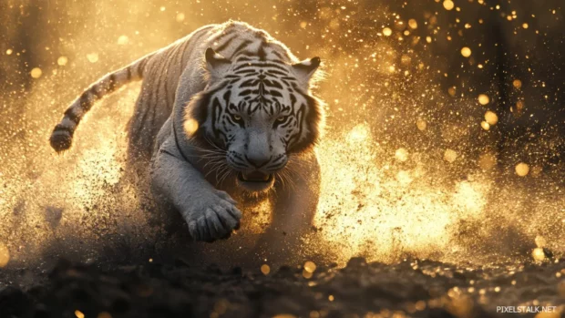 A legendary white tiger surrounded by golden mist, its sharp claws glowing with magical energy.