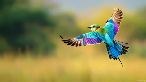 A lilac breasted roller flying across the African savanna, wings flashing vivid turquoise and purple.