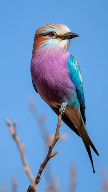 A lilac breasted roller perched on a single tall twig, blue background.