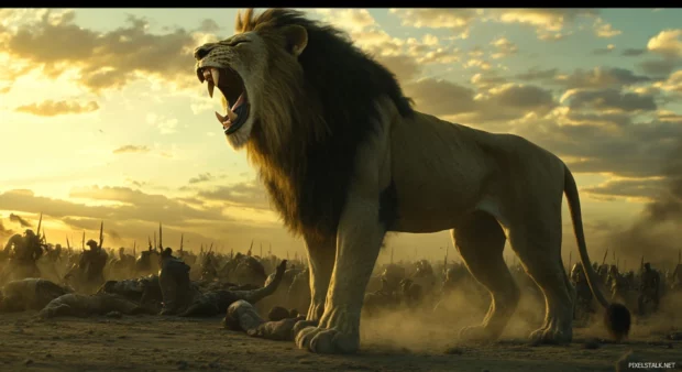 A lion growling menacingly, standing in the middle of a battlefield.