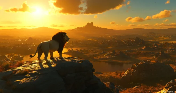 A lion king standing on the peak of Pride Rock, golden sunlight shining upon him, a moment of triumph and glory.