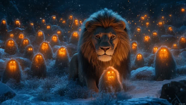 A lion king surrounded by glowing ancestral spirits, representing the wisdom of past kings guiding him .