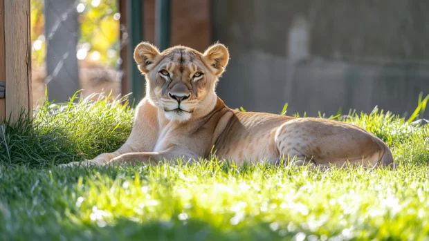 A lion resting in the grass, with sunlight.