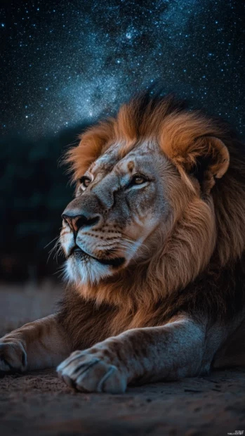 A lion roaring with its breath visible in the cold night air, the Milky Way stretching above .