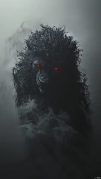 A lion with a dark smoky aura around it, its eyes glowing red, creating an intimidating presence .