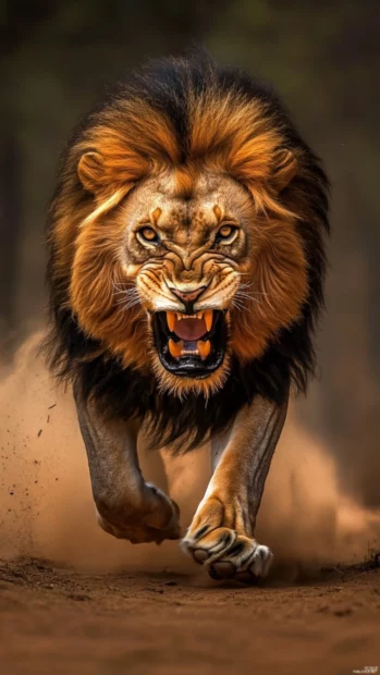 A lion with a sharp focus on its target, its muscles tense and ready to strike, dust rising around it .