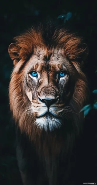 A lion with electric blue eyes staring straight into the camera, deep shadows adding intensity .