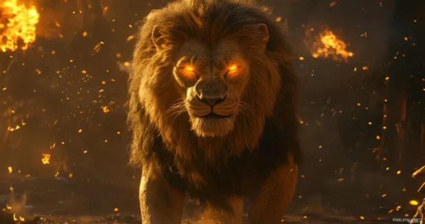A lion with flames bursting from its mane, standing in a mystical battlefield, its body radiating pure power and rage.