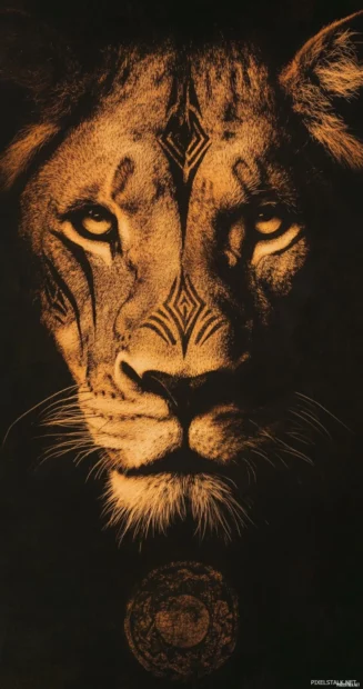 A lion with tribal markings etched into its fur, glowing under the golden light of a rising sun.