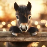 A little brown pony with big round eyes, peeking curiously from behind a wooden fence.