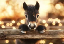 A little brown pony with big round eyes, peeking curiously from behind a wooden fence.