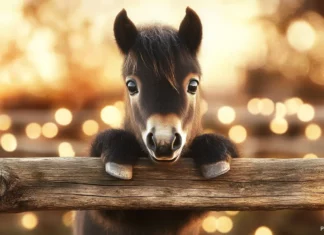 A little brown pony with big round eyes, peeking curiously from behind a wooden fence.